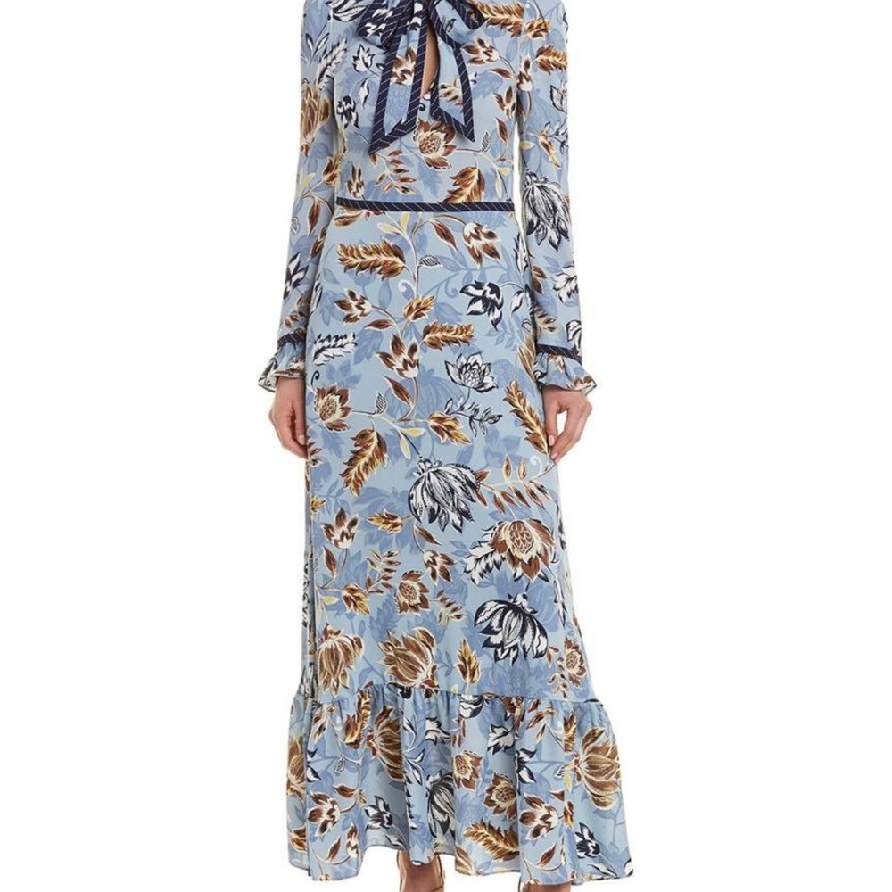 BCBGMAXAZRIA Ashley blue liberty tie neck maxi dress